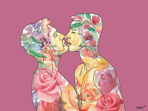 Liebe - Gay Paar - Florales Aquarell & digitale Strichzeichnung