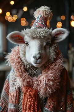 Feestelijk schaap met verjaardagshoed en jaren '70 kleding van Felix Brönnimann