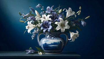 Klassieke Delfts blauwe vaas met Lelies en lisianthus van Sanne den Engelsman