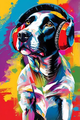 Kleurrijke hond met koptelefoon