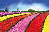 Landscape painting of Dutch tulip fields with three windmills by Tanja Udelhofen thumbnail