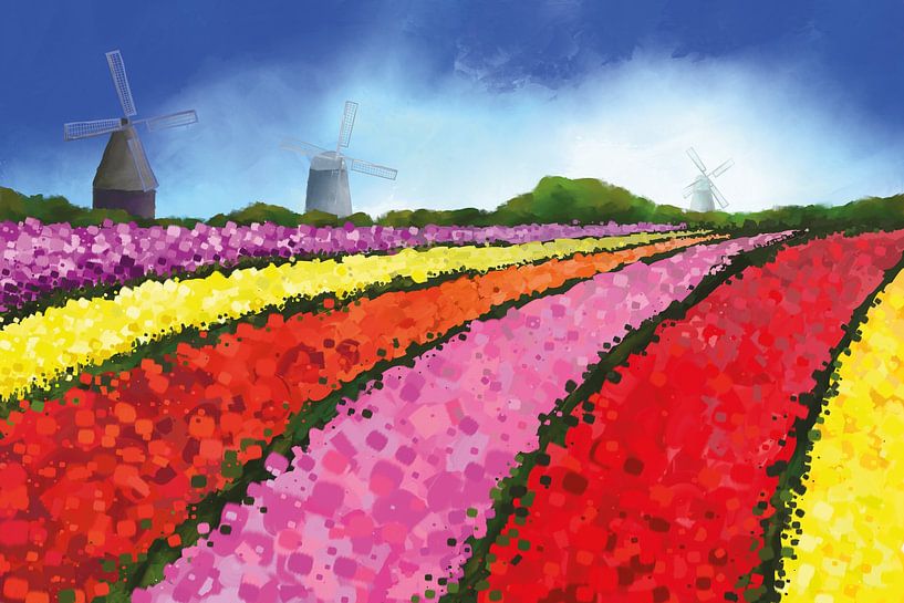 Landscape painting of Dutch tulip fields with three windmills by Tanja Udelhofen