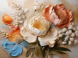 Stimmungsvolles Blumenstillleben mit Pfingstrosen in dichter Farbstruktur