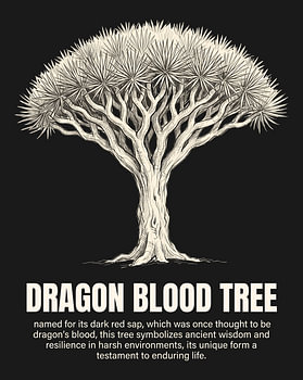 Affiche minimaliste représentant un dessin au trait d'un arbre à sang de dragon - édition noire
