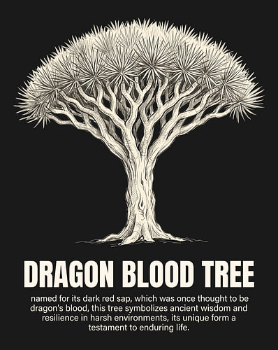 Minimalistische poster met lijntekening van de drakenbloedboom – zwarte editie