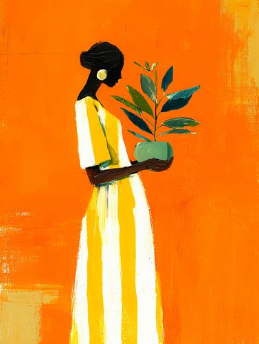 Elegante Frau mit einer Pflanze in warmen Farben