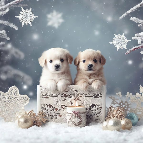 2 schattige witte puppies in een kerstdecor van Laly Laura