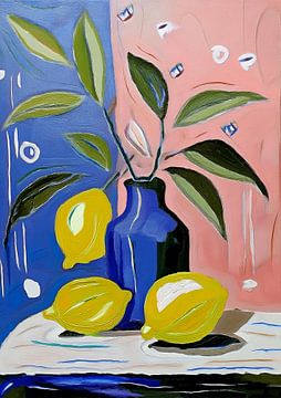 Modern stilleven Citroen kobalt blauw vaas van Lianne Louise