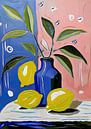 Modern stilleven Citroen kobalt blauw vaas van Lianne Louise thumbnail
