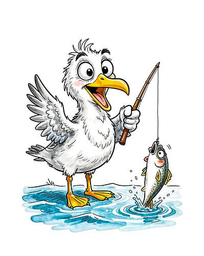 Een zeemeeuw die met een hengel in ondiep water vist
