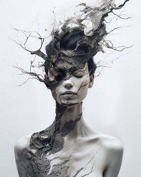 Surrealistisch, modern portret in grijstinten van Carla Van Iersel