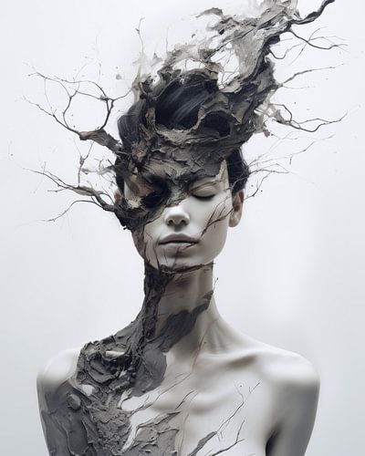 Surrealistisch, modern portret in grijstinten