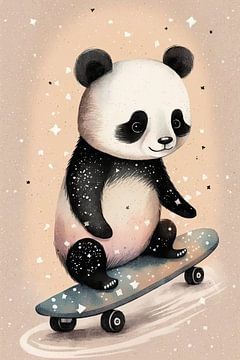Panda op een skateboard kinderkamer van Maaike de Vries