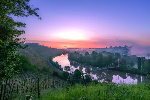 Brücke über dem Necker in Stuttgart am Max-Eyth-See mit Weinbergen zum Sonnenaufgang