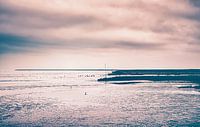Strand van Cuxhaven aan de Duitse Noordzeekust.  Foto bij laag water met baken en golfbreker
