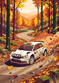 White rally car speeding through autumn forest road, flat vector illustration by Adam Khabibi