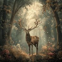 Mystical antlered deer in a magical forest digital art