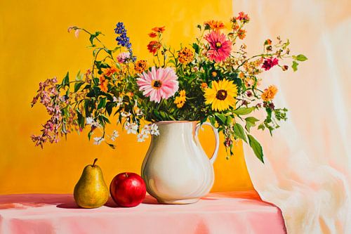 Kleurrijke bloemen in vaas met fruitarrangement