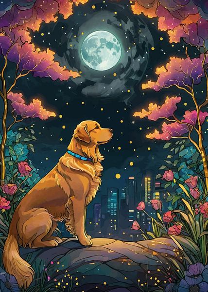 Un Golden Retriever assis sous la lune par MIROKKU