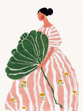 Woman in striped dress with green leaves