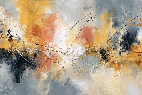 Oranje en zwart compositie -  Krachtig schilderij