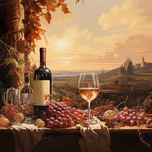 Stilleven van wijn met de wijngaard op de achtergrond