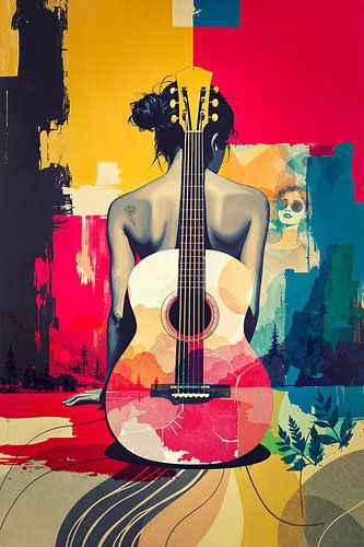 Summer Strings – Kleurrijk Pop Art Portret van Vrouw met Gitaar