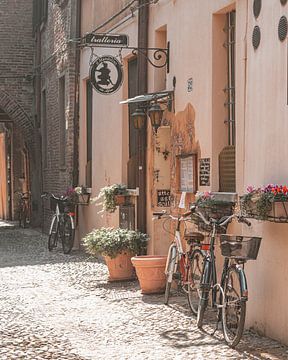 Fietsen tegen muur van trattoria in de Italiaanse stad Ferrara van Expeditie Aardbol
