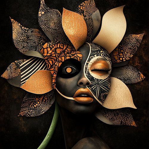 Portrait surréaliste avec pétales de fleurs et détails dorés