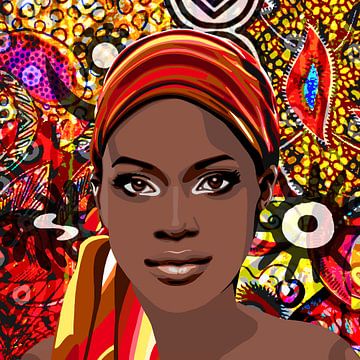 Portret van een Afrikaanse vrouw op een achtergrond van patronen en symbolen van Jole Art (Annejole Jacobs - de Jongh)