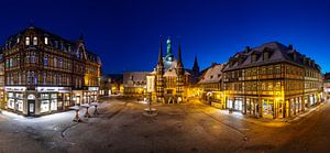 Panorama of Wernigerode town hall in the Harz Mountains at blue hour in winter