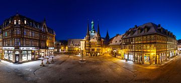 Panorama of Wernigerode town hall in the Harz Mountains at blue hour in winter