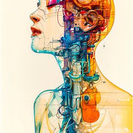 Cybernetische vrouw met kleurrijke mechanische organen van Luc de Zeeuw