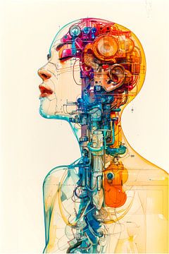 Cybernetic woman with colorful mechanical organs by Luc de Zeeuw