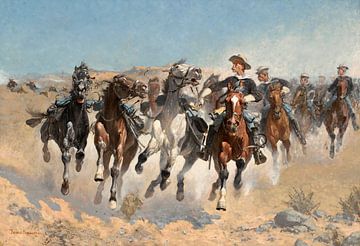 Afgemonteerd: De Vierde cavaleristen die de geleide paarden verplaatsen, Frederic Remington