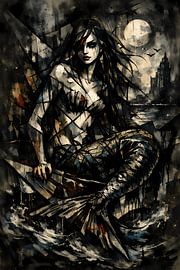 La gardienne de la mer déchaînée – Fresque murale esquissée représentant une sirène dans un style gothique sombre sur ButterflyPix