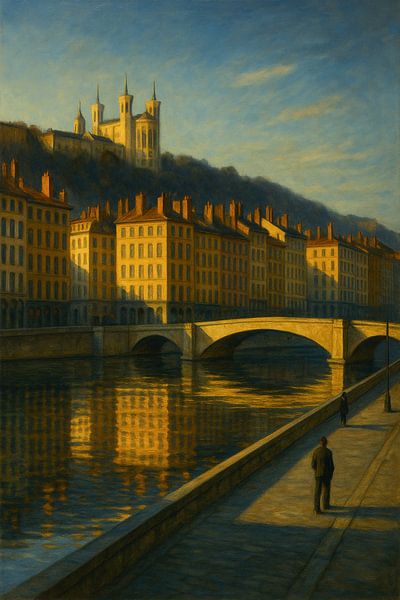 Golden Lyon Reflections – French Riverside Cityscape Art by Travel Shop