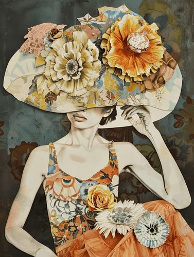 The girl with the hat, modern portrait in collage style by Carla Van Iersel
