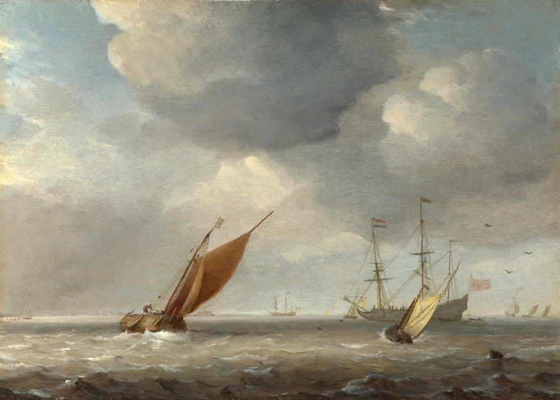 Kleine niederländische Schiffe im Wind, Studio von Willem van de Velde von Meisterhafte Meister
