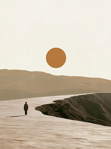 Wandelen naar de horizon in een abstract landschap, digitale collage