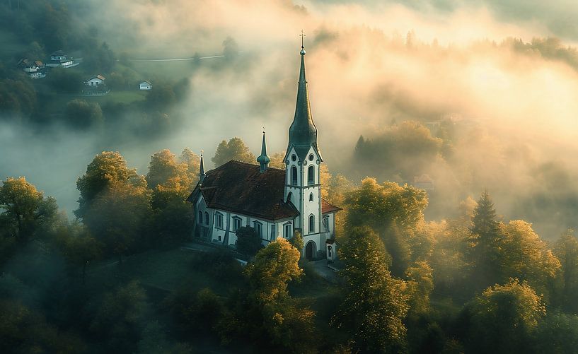 Kapel in een mystiek herfstlandschap van fernlichtsicht