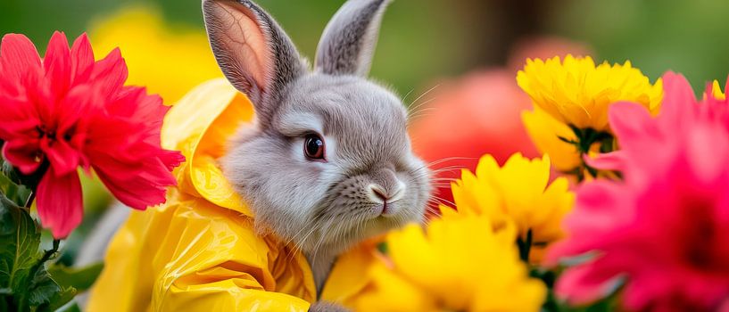 Cute bunny in colourful flower meadows by Poster Art Shop