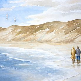 Twee mensen wandelen langs het Nederlandse Noordzee strand en de duinen.  - Aquarel - Hans Sturris van Galerie Ringoot