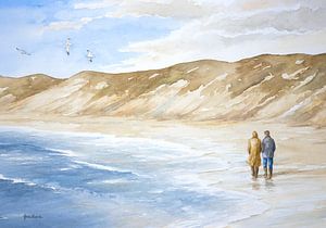 Zwei Personen, die am niederländischen Nordseestrand und in den Dünen spazieren gehen.  - Aquarell - Hans Sturris