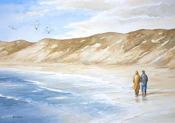 Twee mensen wandelen langs het Nederlandse Noordzee strand en de duinen.  - Aquarel - Hans Sturris