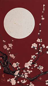 Traditioneller japanischer Holzschnitt: Blühende Kirschblüten bei Vollmond in Kirschrot