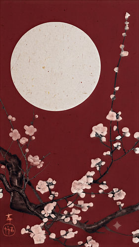 Traditional Japanese print: Cherry Blossoms in Full Bloom under a Full Moon in Cherry Red
