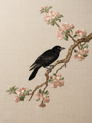Traditionele Japanse kunst: Vogel op bloesemtak met Japans borduurwerk
