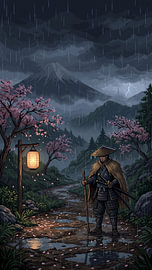 Pixelkunst: Ein einsamer Samurai steht auf einer regnerischen Bergstraße unter Kirschblüten, Laternenlicht, Blitzen, Nebel und majestätischen japanischen Berggipfeln bei Nacht von my pixel art