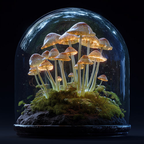 Gloeiende paddenstoelen in glas
